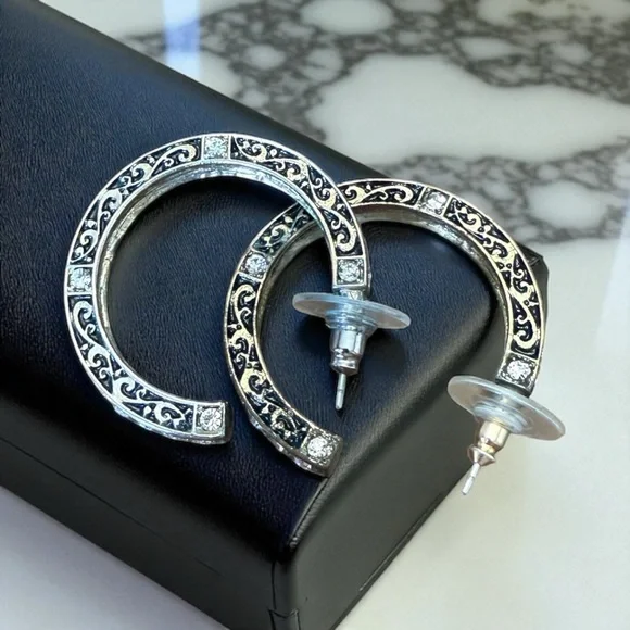 Elegant Black and Gold Tone Rhinestone Hoop Earrings. - Picture 2 of 8